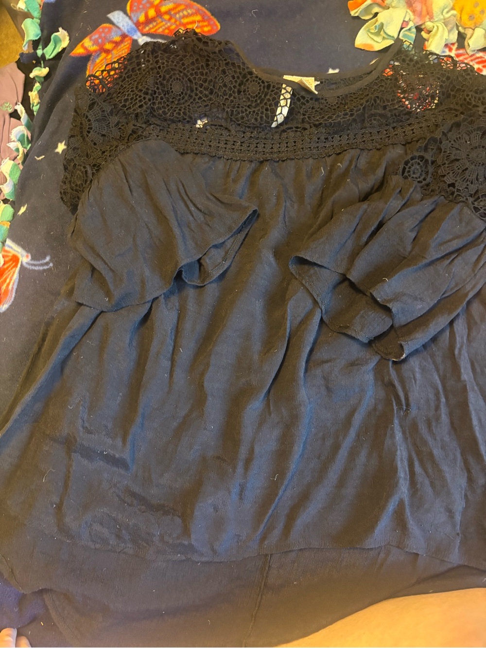 Black Crochet Yoke Ruffle Sleeve Top